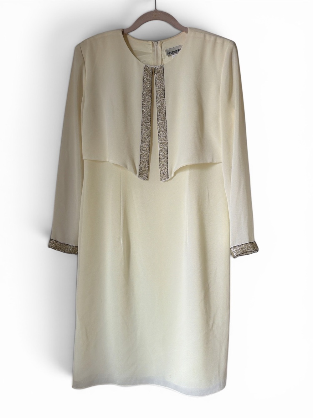 Vintage Cream Lightweight Dress Beading Detail Long Sleeves Flowy Evening Modest